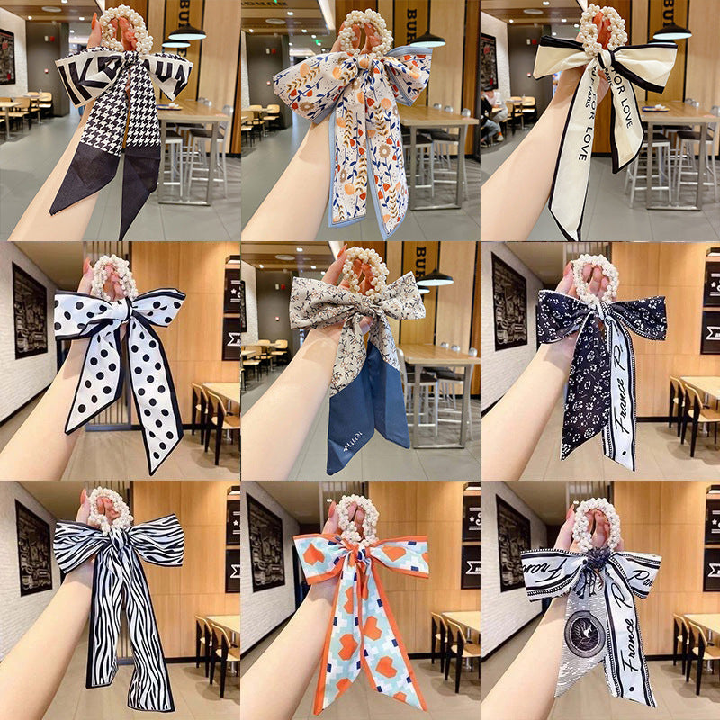Pearl scarf headband female hair ring streamer net celebrity 2021 new summer thin hair tie ribbon headdress hair rope