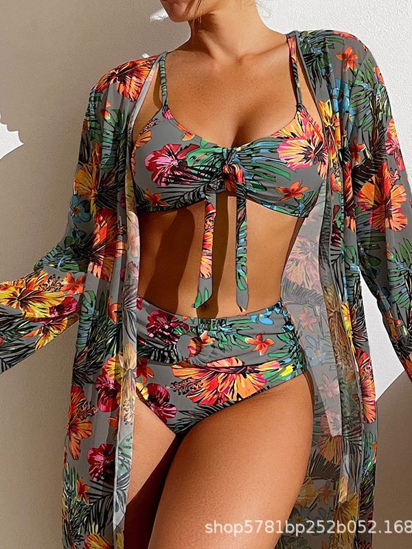 Xinyu swimsuit long-sleeved cover-up split three-piece set printed sexy swimsuit women's bikini new bikini