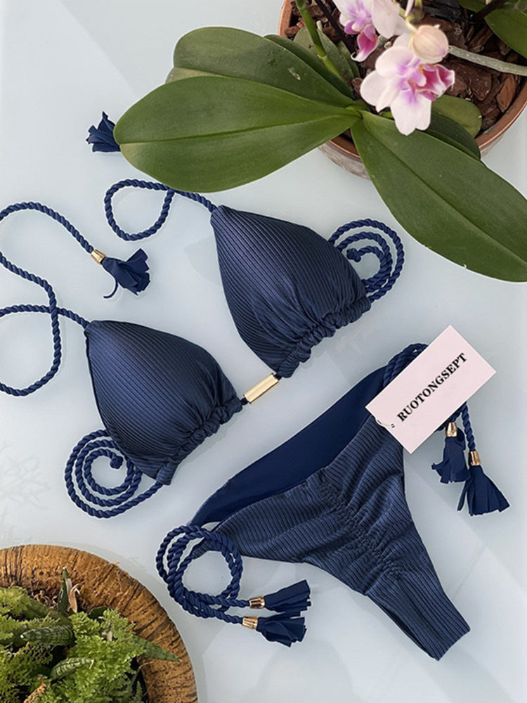 2025 European and American foreign trade swimsuit new sexy triangle bikini female split solid color sexy multi-color braided bikini