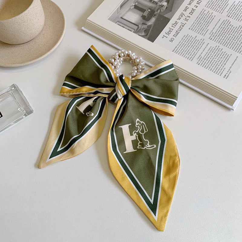 Pearl scarf headband female hair ring streamer net celebrity 2021 new summer thin hair tie ribbon headdress hair rope