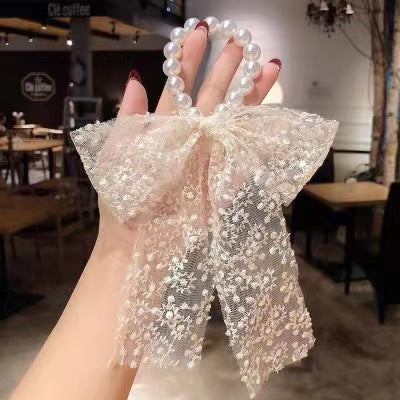 Pearl scarf headband female hair ring streamer net celebrity 2021 new summer thin hair tie ribbon headdress hair rope