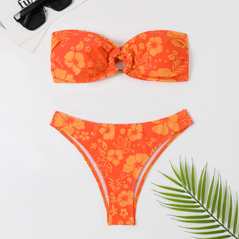2025 swimsuit women's European and American foreign trade split bikini retro sexy tube top printed bikini cross-border wholesale