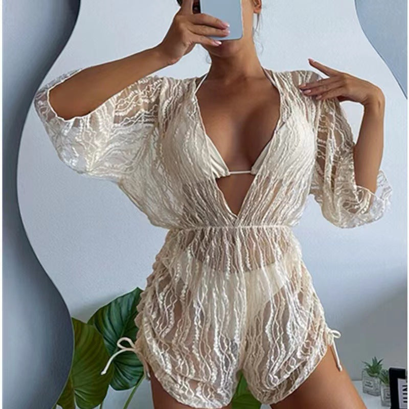 2025 Amazon European and American cross-border split long-sleeved mesh three-piece set waist drawstring printed bikini swimsuit for women