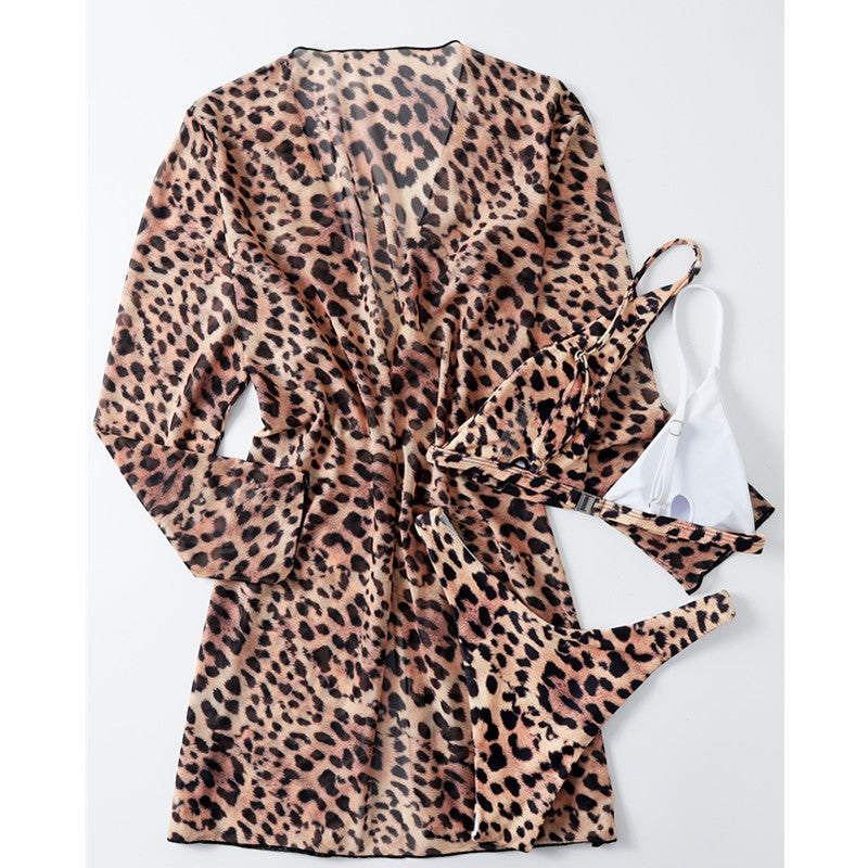 2025 New European and American Sexy Leopard Print Yarn Long Sleeve Sunscreen Three-piece Bikini AliExpress Beach Swimsuit