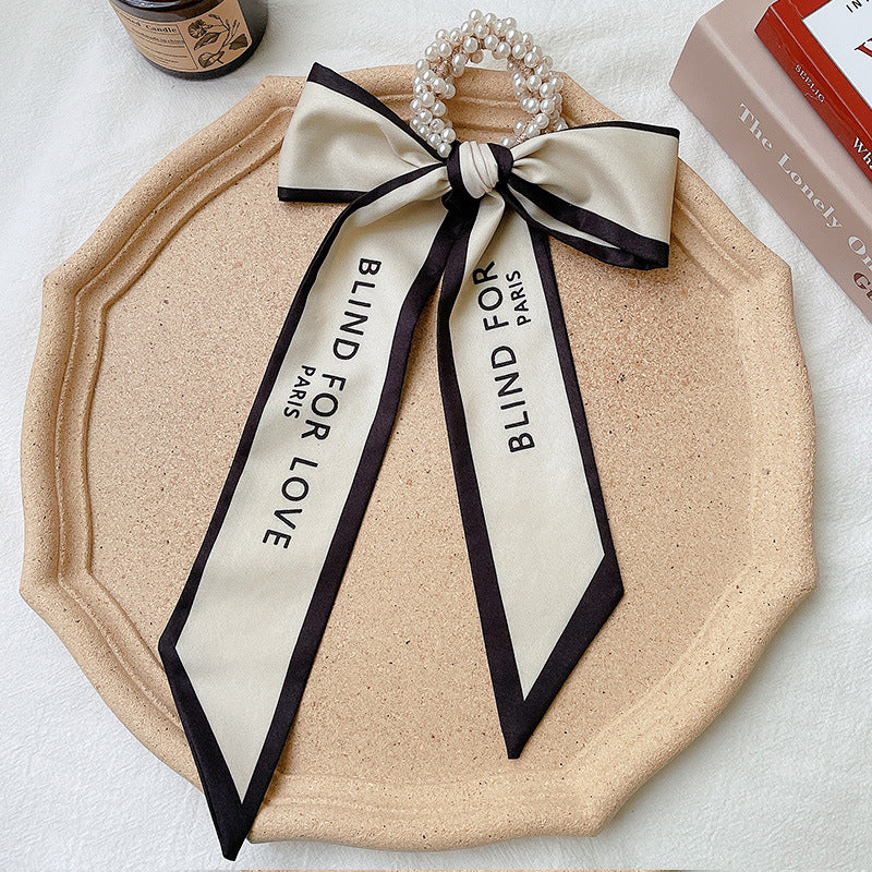 Pearl scarf headband female hair ring streamer net celebrity 2021 new summer thin hair tie ribbon headdress hair rope