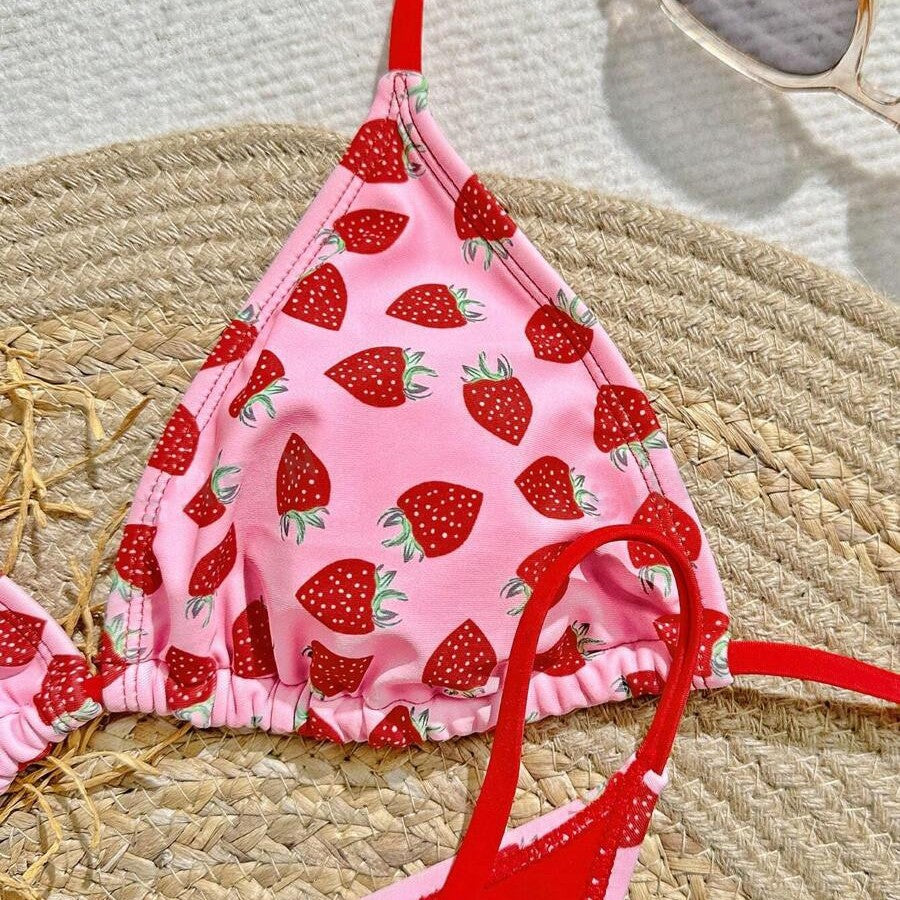 Women's Strawberry Print Bikini Sexy Triangle Bag Lace-up Swimsuit