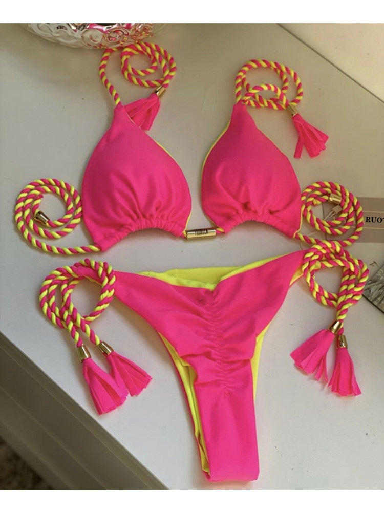 2025 European and American foreign trade swimsuit new sexy triangle bikini female split solid color sexy multi-color braided bikini