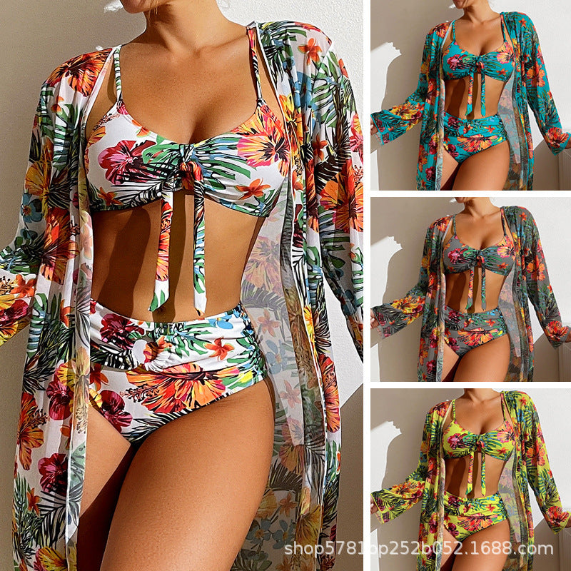 Xinyu swimsuit long-sleeved cover-up split three-piece set printed sexy swimsuit women's bikini new bikini