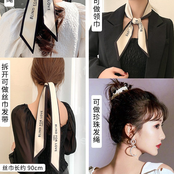 Pearl scarf headband female hair ring streamer net celebrity 2021 new summer thin hair tie ribbon headdress hair rope