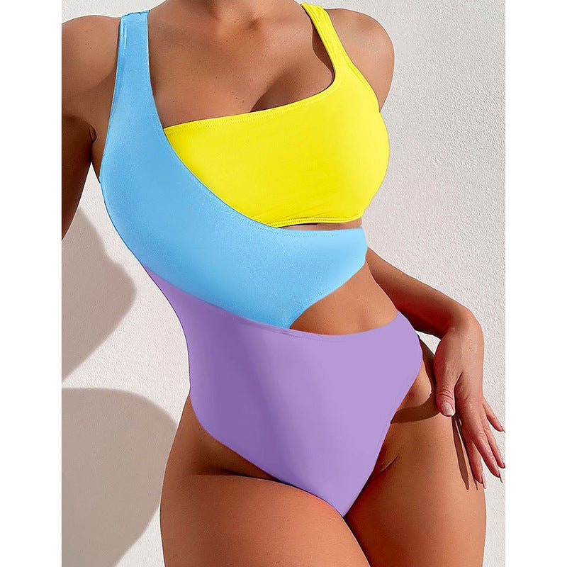 2025 new European and American sexy contrast color one-piece swimsuit female ins style conservative bikini hot spring swimming suit wholesale