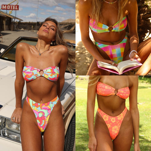 2025 swimsuit women's European and American foreign trade split bikini retro sexy tube top printed bikini cross-border wholesale