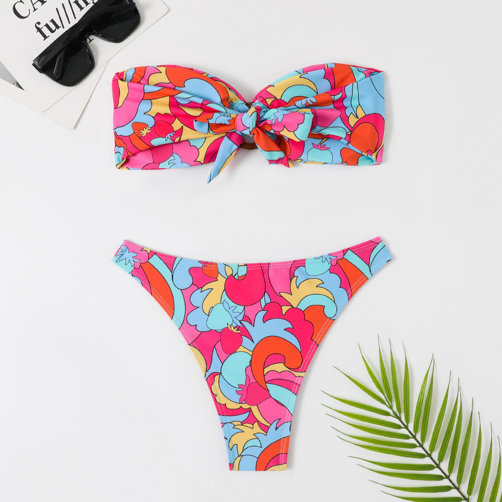 2025 swimsuit women's European and American foreign trade split bikini retro sexy tube top printed bikini cross-border wholesale