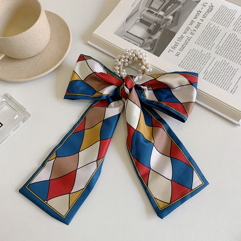 Pearl scarf headband female hair ring streamer net celebrity 2021 new summer thin hair tie ribbon headdress hair rope