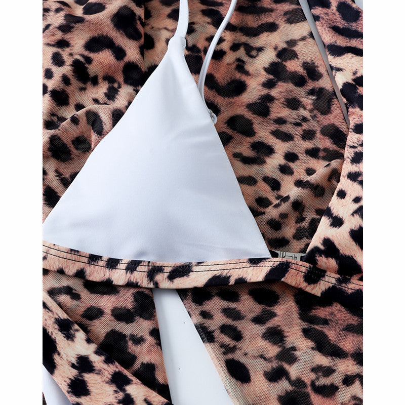 2025 New European and American Sexy Leopard Print Yarn Long Sleeve Sunscreen Three-piece Bikini AliExpress Beach Swimsuit