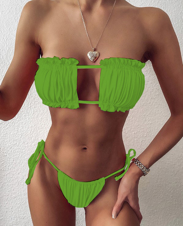 European and American new ladies swimsuit sexy pleated hollow bikini foreign trade bikini swimwear lace-up swimsuit