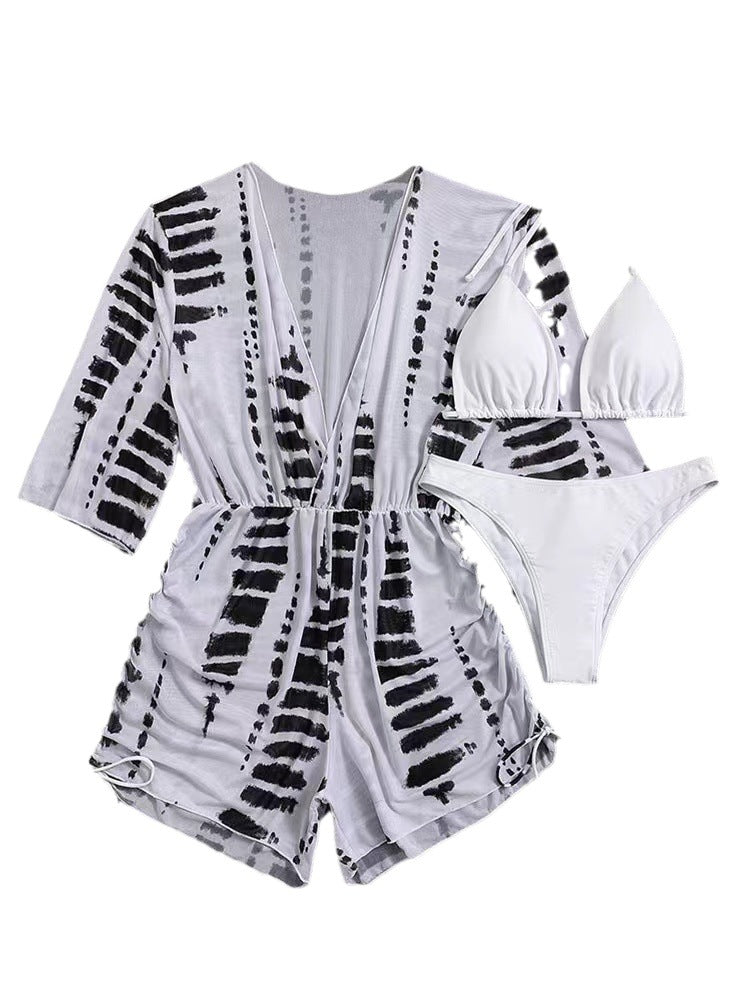 2025 Amazon European and American cross-border split long-sleeved mesh three-piece set waist drawstring printed bikini swimsuit for women