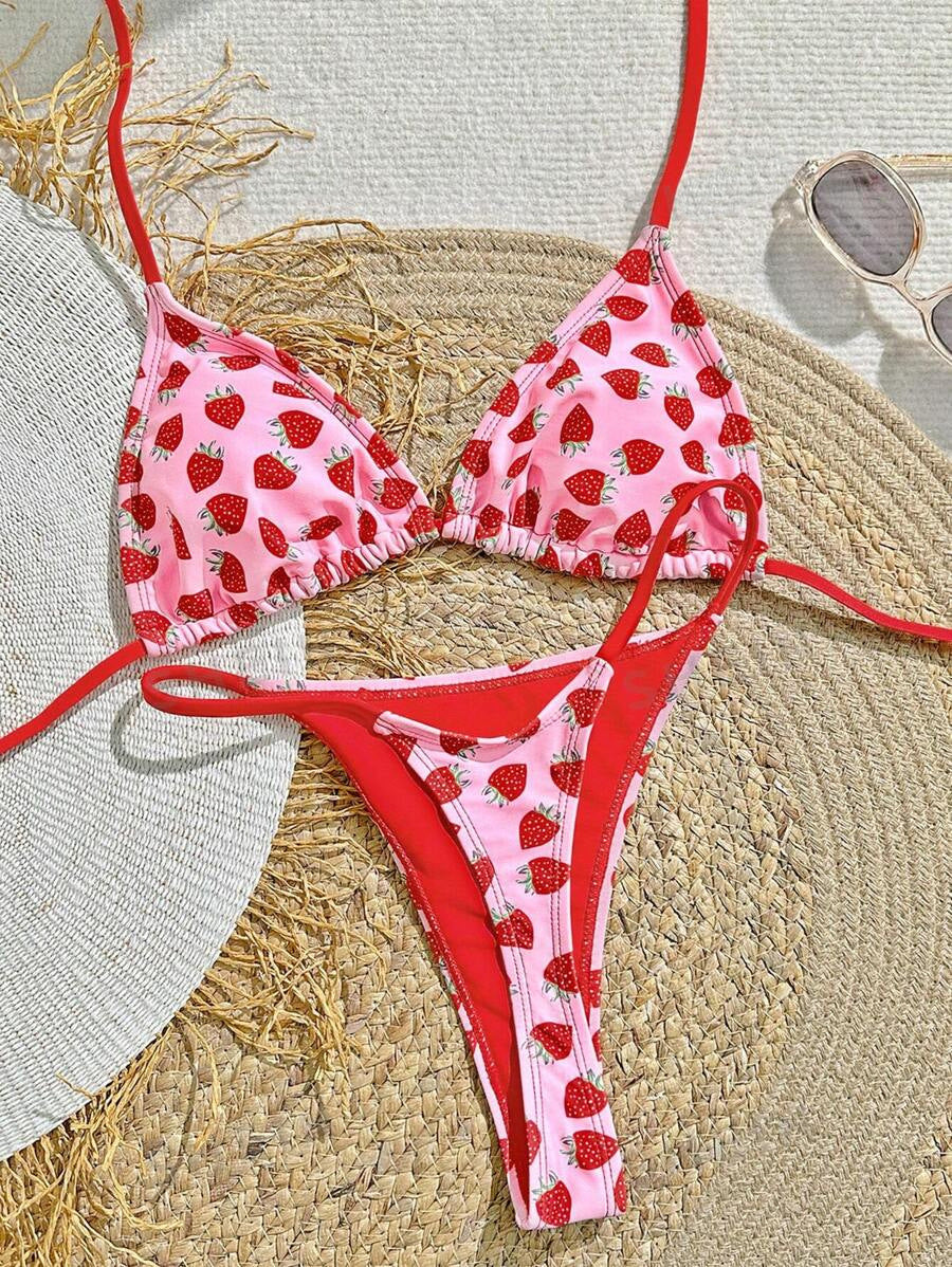 Women's Strawberry Print Bikini Sexy Triangle Bag Lace-up Swimsuit