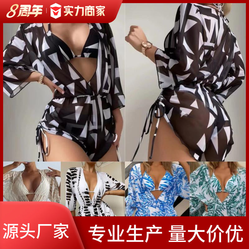 2025 Amazon European and American cross-border split long-sleeved mesh three-piece set waist drawstring printed bikini swimsuit for women