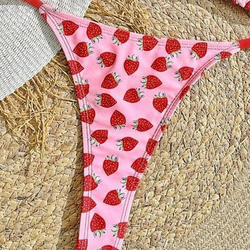 Women's Strawberry Print Bikini Sexy Triangle Bag Lace-up Swimsuit