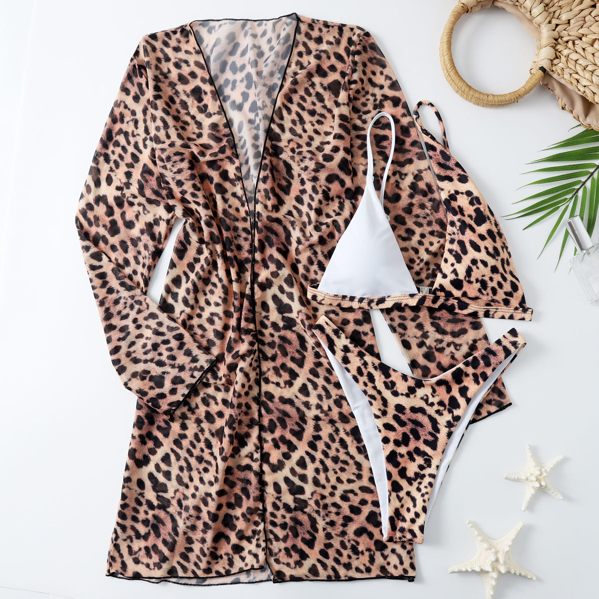 2025 New European and American Sexy Leopard Print Yarn Long Sleeve Sunscreen Three-piece Bikini AliExpress Beach Swimsuit
