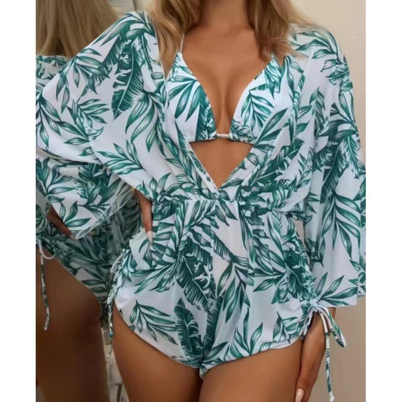 2025 Amazon European and American cross-border split long-sleeved mesh three-piece set waist drawstring printed bikini swimsuit for women