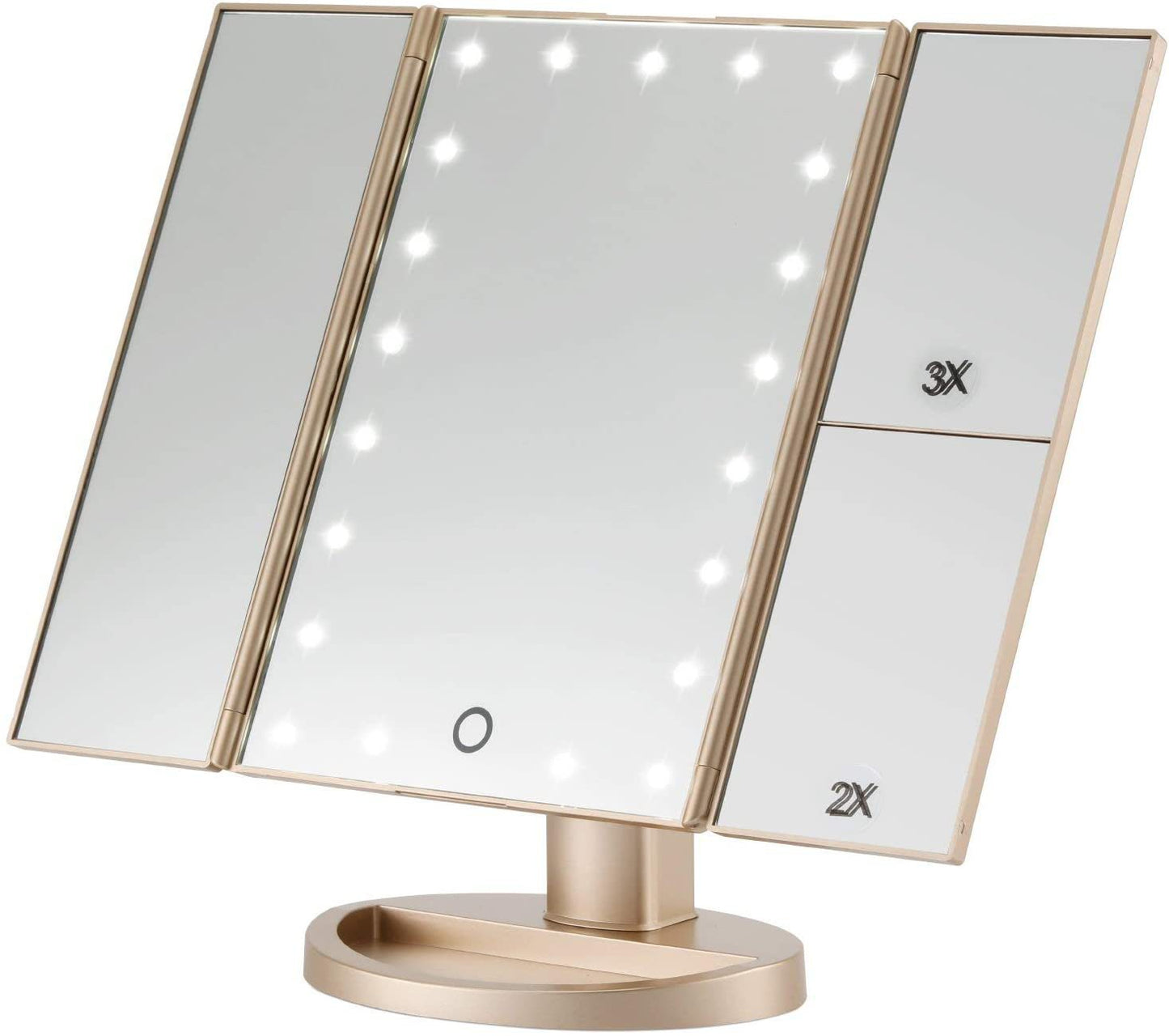 مرآة مكياج LED سطح المكتب ثلاثية الجوانب قابلة للطي 2X3X10X مرآة مكياج مكبرة مرآة طاولة الزينة مرآة ثلاثية الطي مع ضوء