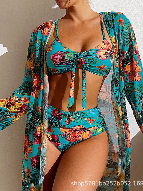 Xinyu swimsuit long-sleeved cover-up split three-piece set printed sexy swimsuit women's bikini new bikini