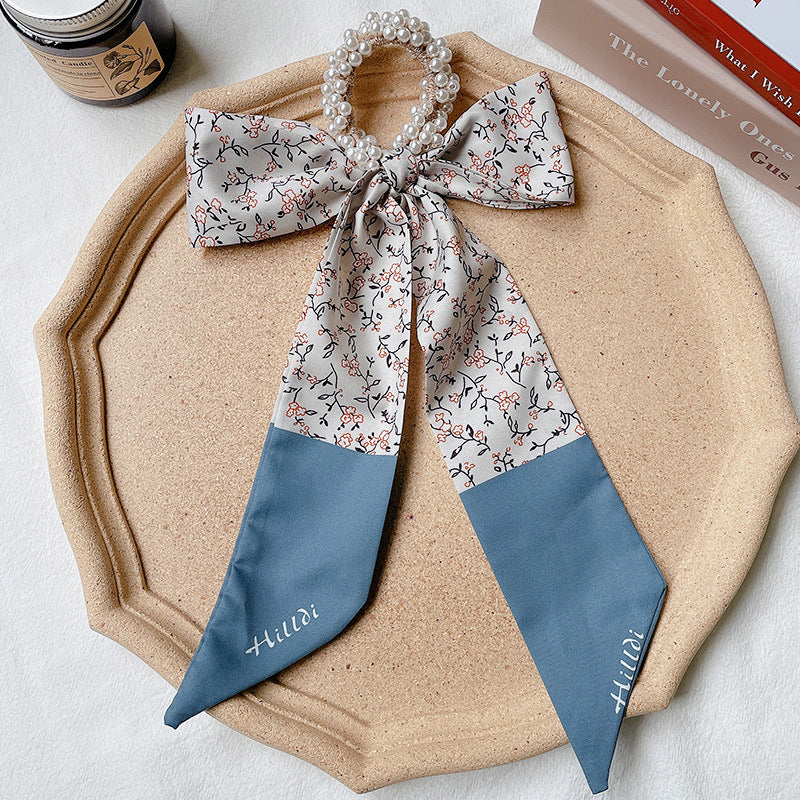 Pearl scarf headband female hair ring streamer net celebrity 2021 new summer thin hair tie ribbon headdress hair rope