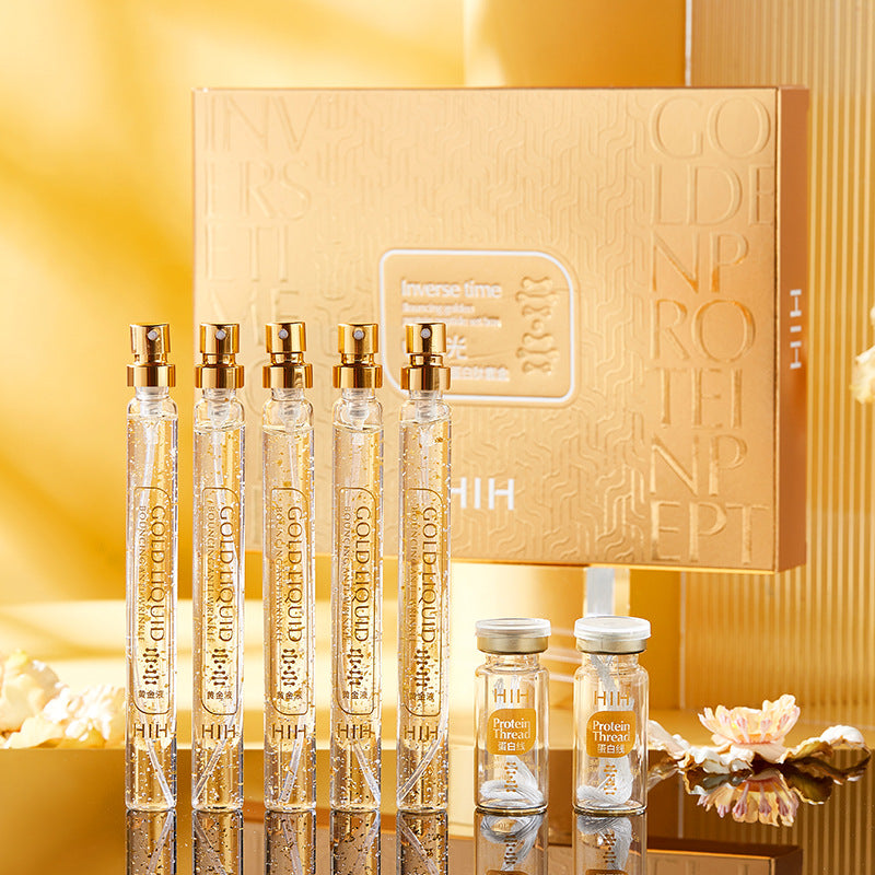 مجموعة HIH Bouncy Gold Protein Peptide Set Box Essence Lifting, Fading, Stretching and Fine Grain Protein Line Carving Skin Care Set Box