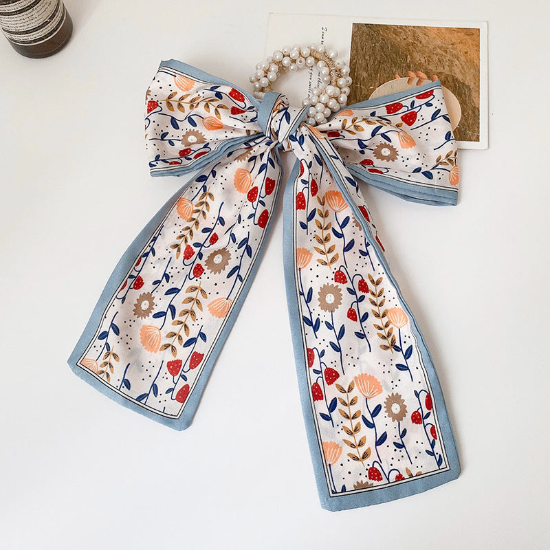 Pearl scarf headband female hair ring streamer net celebrity 2021 new summer thin hair tie ribbon headdress hair rope