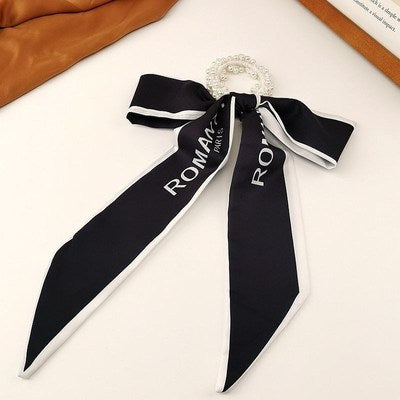 Pearl scarf headband female hair ring streamer net celebrity 2021 new summer thin hair tie ribbon headdress hair rope