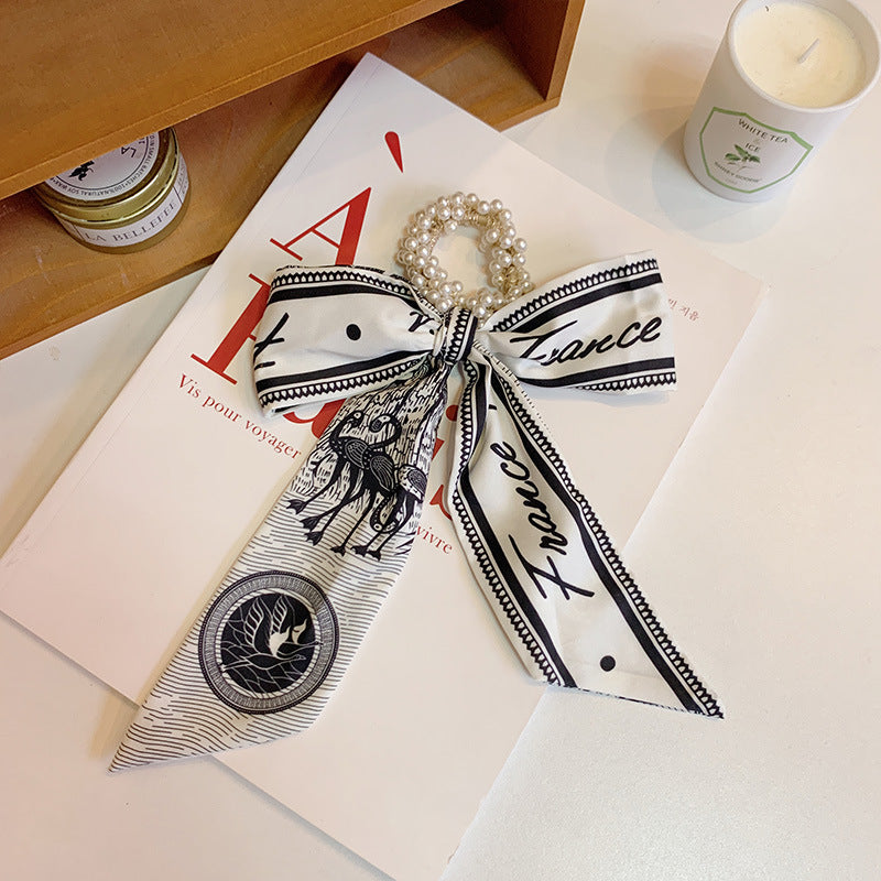 Pearl scarf headband female hair ring streamer net celebrity 2021 new summer thin hair tie ribbon headdress hair rope