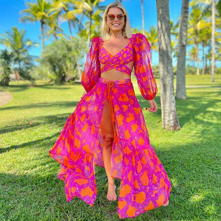 2025 new bikini ruffled straps printed high waist split swimsuit and umbrella skirt set