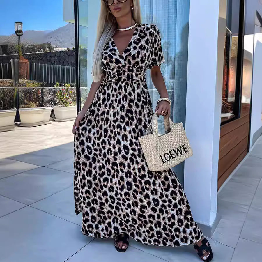 Spring Leopard Print Short Sleeve V-neck Elastic Slit Long