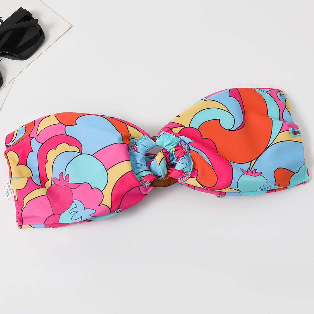 2025 swimsuit women's European and American foreign trade split bikini retro sexy tube top printed bikini cross-border wholesale