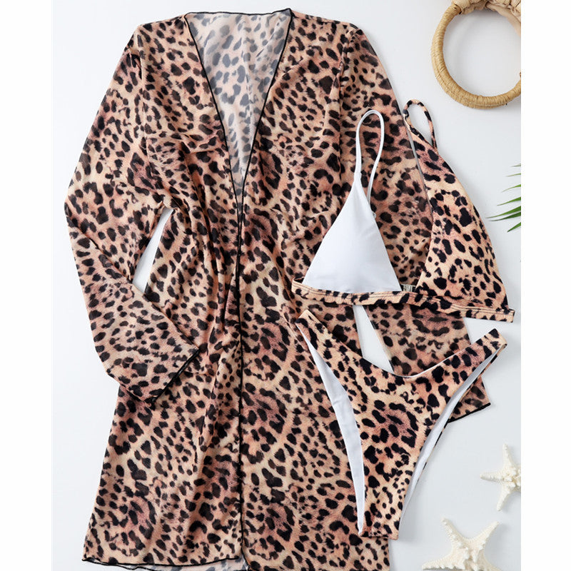 2025 New European and American Sexy Leopard Print Yarn Long Sleeve Sunscreen Three-piece Bikini AliExpress Beach Swimsuit