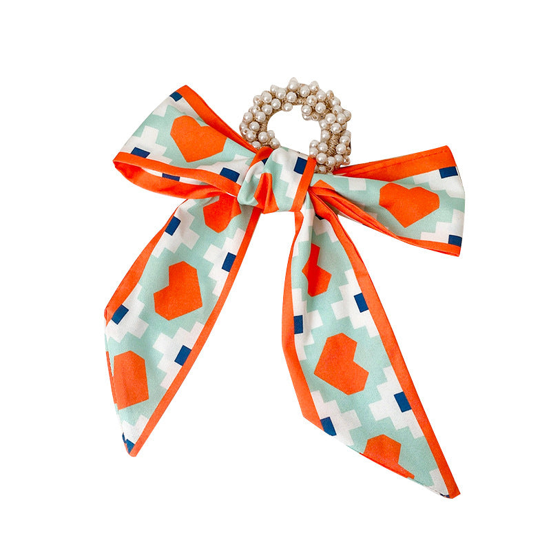 Pearl scarf headband female hair ring streamer net celebrity 2021 new summer thin hair tie ribbon headdress hair rope