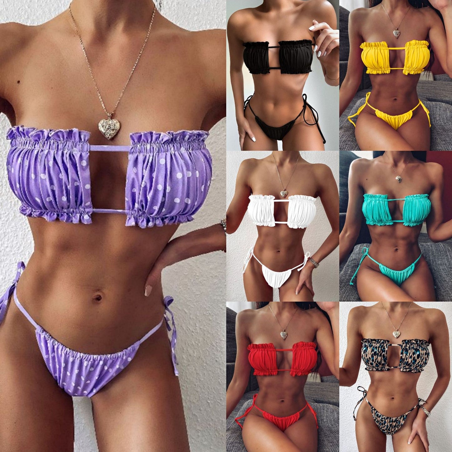 European and American new ladies swimsuit sexy pleated hollow bikini foreign trade bikini swimwear lace-up swimsuit