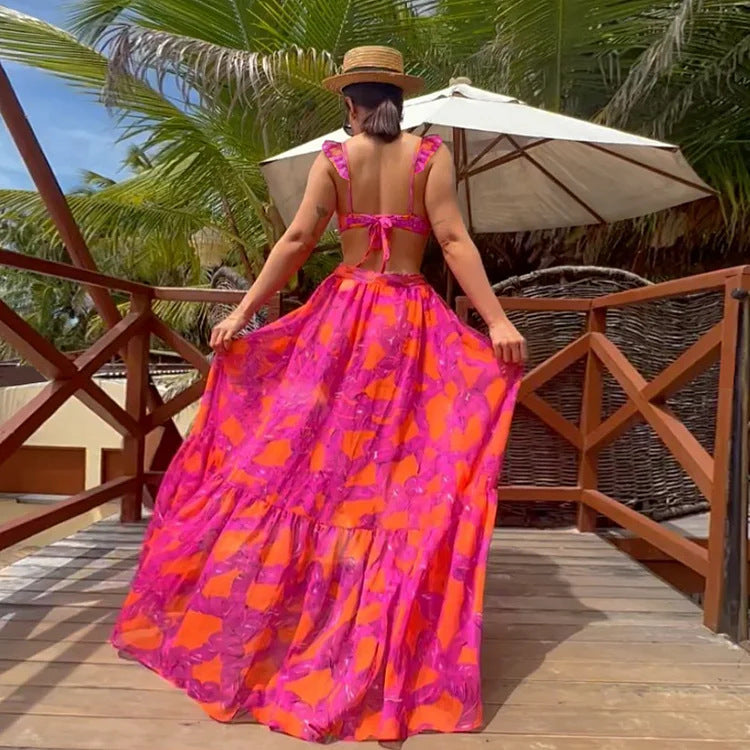 2025 new bikini ruffled straps printed high waist split swimsuit and umbrella skirt set