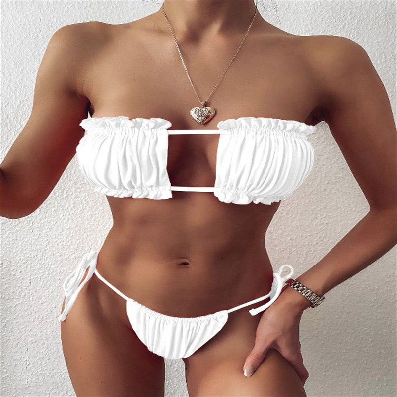 European and American new ladies swimsuit sexy pleated hollow bikini foreign trade bikini swimwear lace-up swimsuit