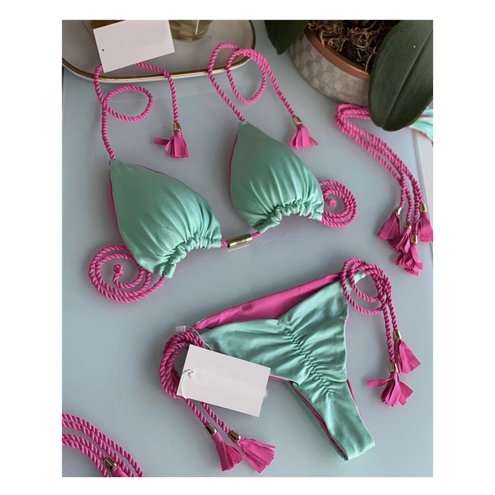 2025 European and American foreign trade swimsuit new sexy triangle bikini female split solid color sexy multi-color braided bikini