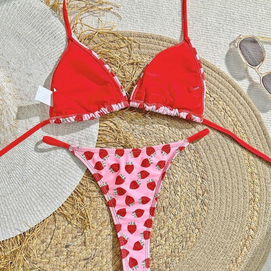 Women's Strawberry Print Bikini Sexy Triangle Bag Lace-up Swimsuit