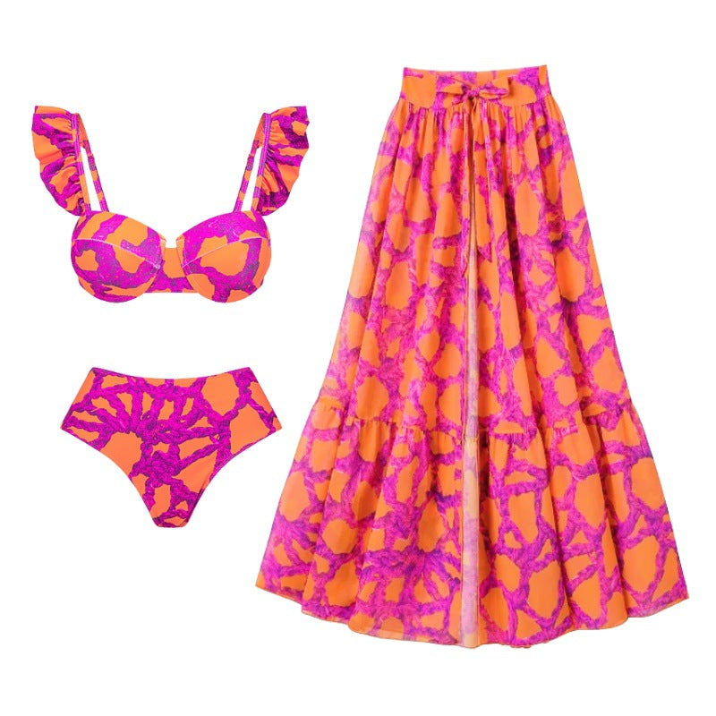 2025 new bikini ruffled straps printed high waist split swimsuit and umbrella skirt set