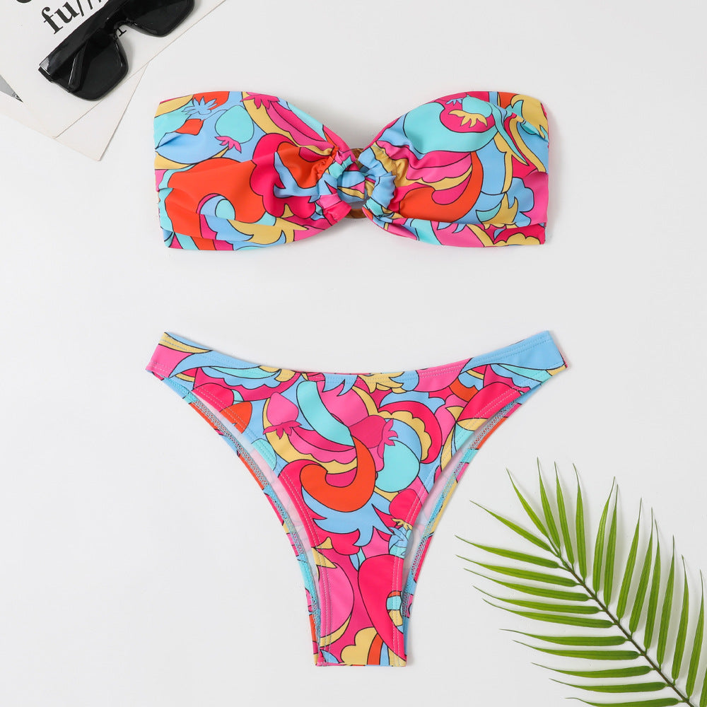 2025 swimsuit women's European and American foreign trade split bikini retro sexy tube top printed bikini cross-border wholesale