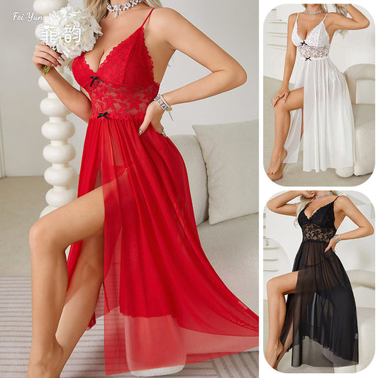 ملابس داخلية مثيرة كبيرة الحجم من Feiyun بيجامات من الدانتيل الشبكي بفتحة رباط وتنورة طويلة ملابس منزلية فستان نوم 681