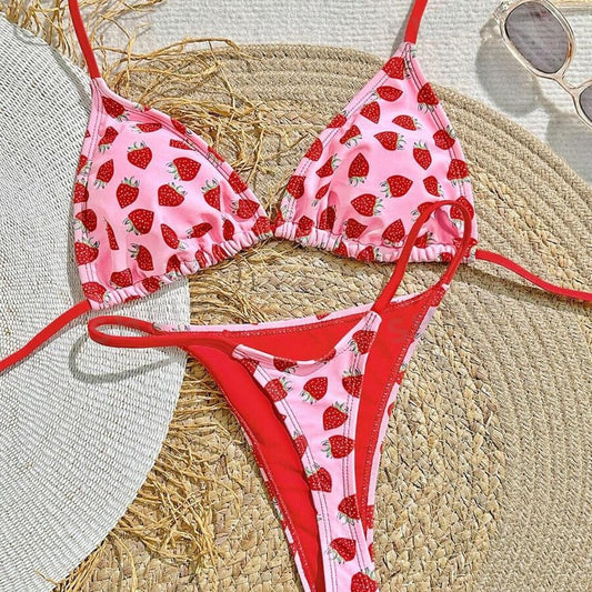 Women's Strawberry Print Bikini Sexy Triangle Bag Lace-up Swimsuit