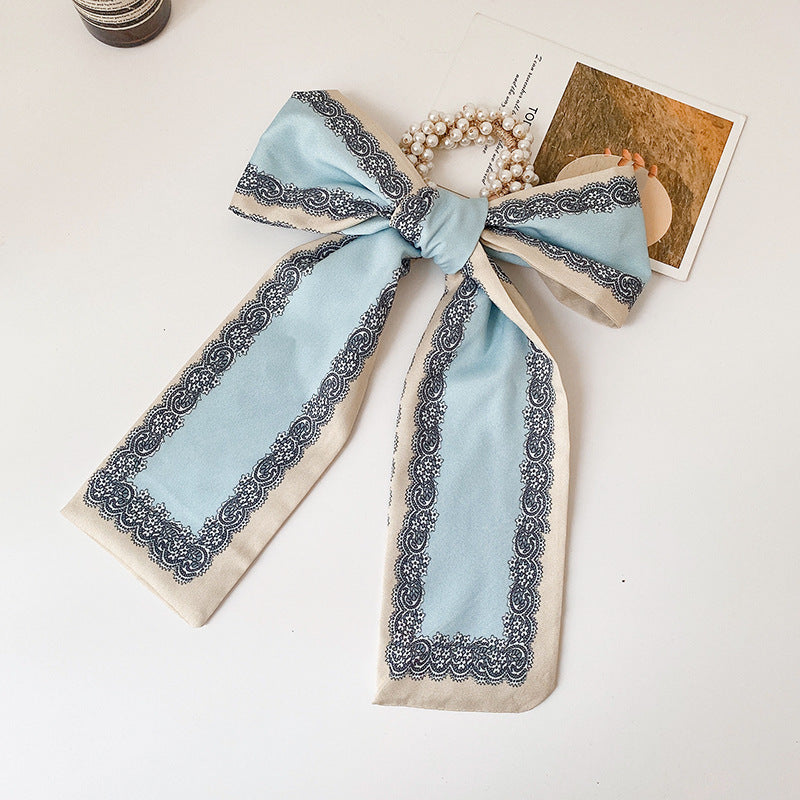 Pearl scarf headband female hair ring streamer net celebrity 2021 new summer thin hair tie ribbon headdress hair rope