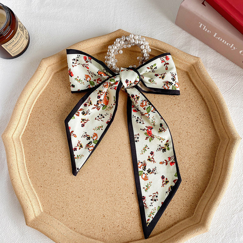 Pearl scarf headband female hair ring streamer net celebrity 2021 new summer thin hair tie ribbon headdress hair rope