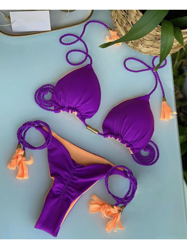 2025 European and American foreign trade swimsuit new sexy triangle bikini female split solid color sexy multi-color braided bikini