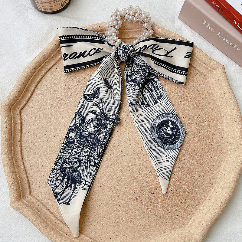 Pearl scarf headband female hair ring streamer net celebrity 2021 new summer thin hair tie ribbon headdress hair rope